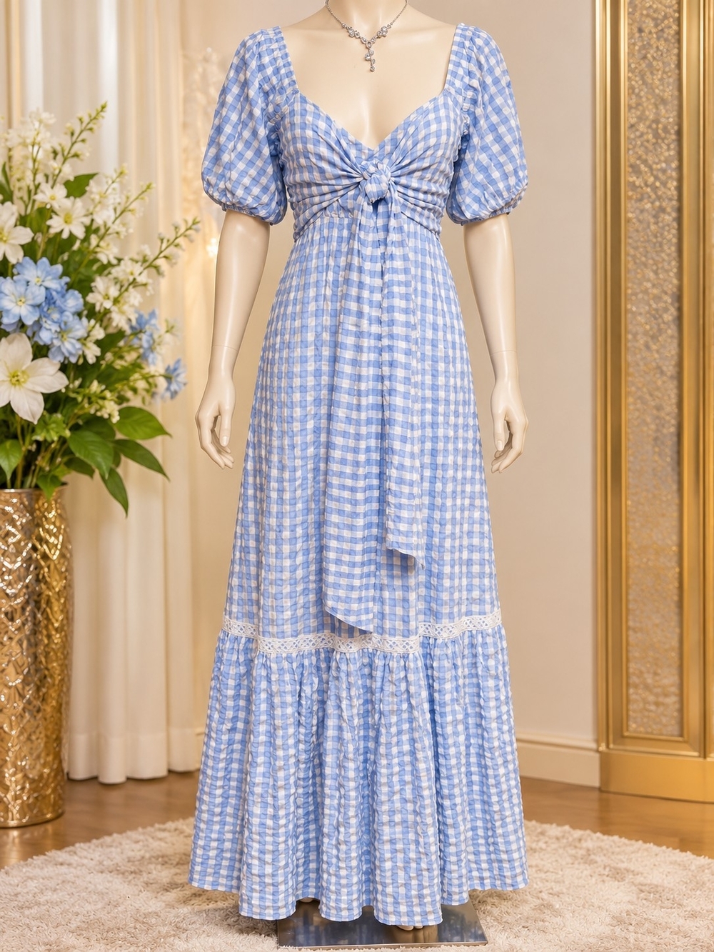 Blue Gingham Tie-Front Maxi Dress